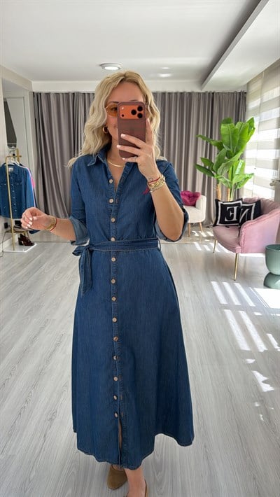 Kuşaklı Önü Komple Düğmeli Pamuklu Jean Elbise