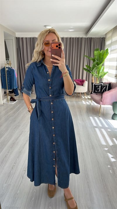Kuşaklı Önü Komple Düğmeli Pamuklu Jean Elbise