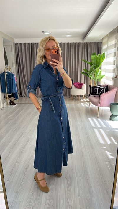 Kuşaklı Önü Komple Düğmeli Pamuklu Jean Elbise