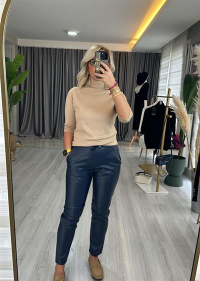 Lacivert Beli Lastikli İçi Süet Yumuşacık Deri Pantolon