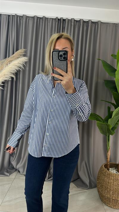 LACİVERT BEYAZ ÇİZGİLİ POPLİN GÖMLEK