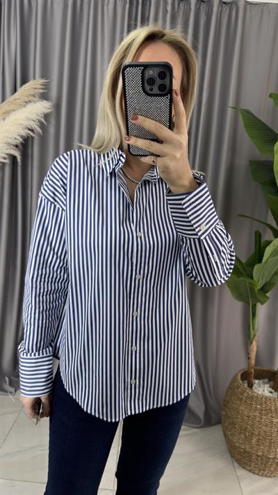 LACİVERT BEYAZ ÇİZGİLİ POPLİN GÖMLEK