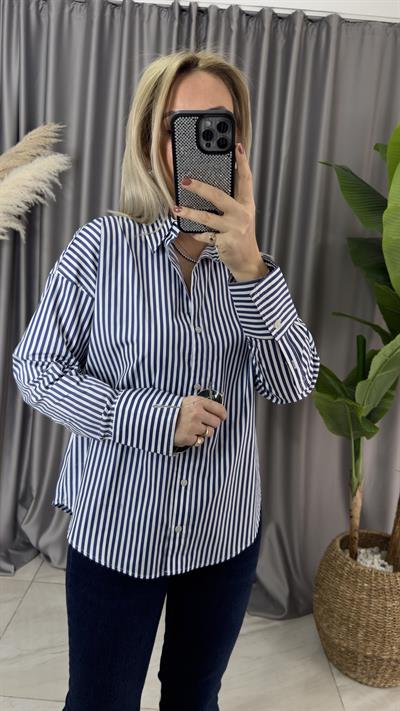 LACİVERT BEYAZ ÇİZGİLİ POPLİN GÖMLEK