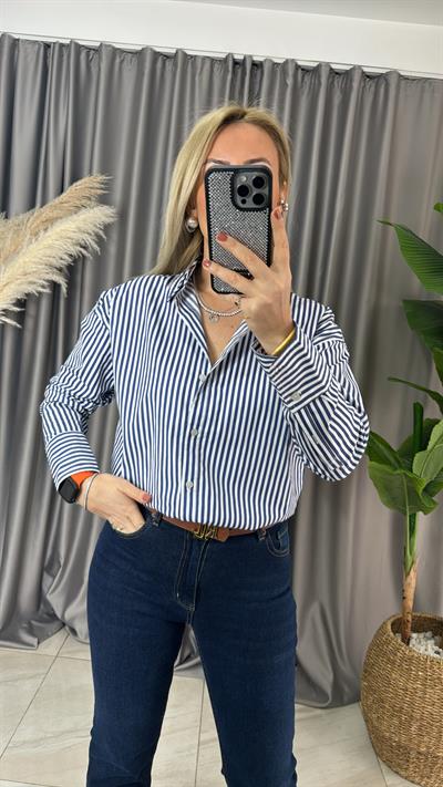 LACİVERT BEYAZ ÇİZGİLİ POPLİN GÖMLEK