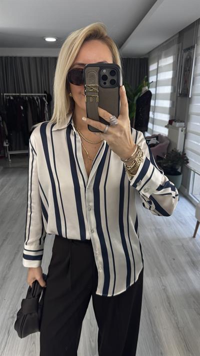 Lacivert Çizgili Ekru Saten Gömlek