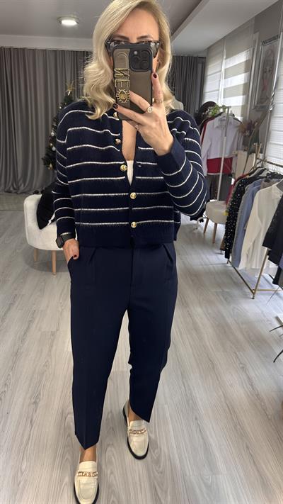 LACİVERT, ÇİZGİLİ GOLD DÜĞMELİ TRİKO HIRKA