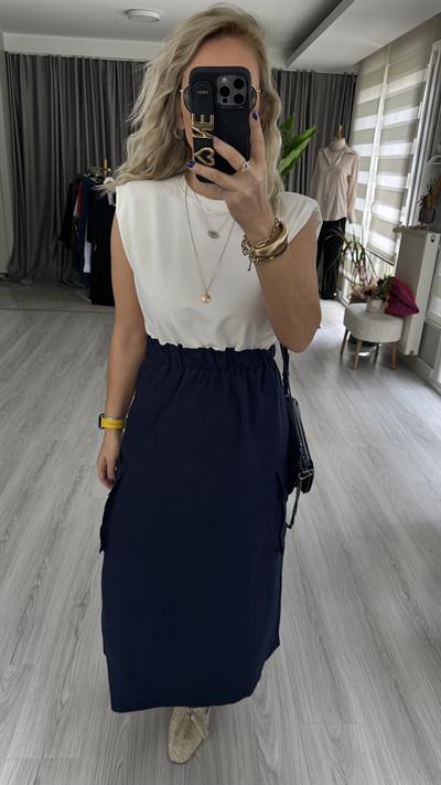 LACİVERT ETEKLİ, BELİ LASTİKLİ, İKİ İPLİK ELBİSE