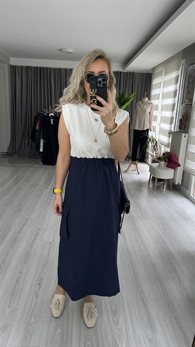 LACİVERT ETEKLİ, BELİ LASTİKLİ, İKİ İPLİK ELBİSE