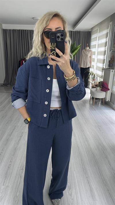 LACİVERT PALAZZO PANTOLON CEKET  TENCEL KETEN TAKIM