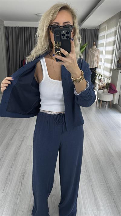 LACİVERT PALAZZO PANTOLON CEKET  TENCEL KETEN TAKIM