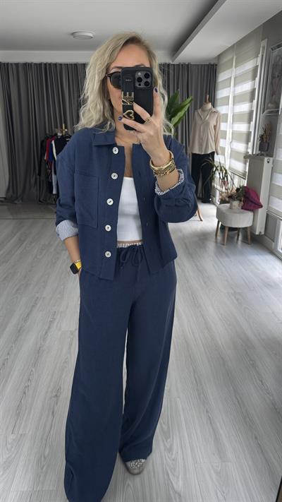 LACİVERT PALAZZO PANTOLON CEKET  TENCEL KETEN TAKIM