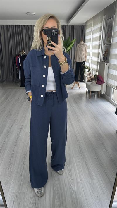 LACİVERT PALAZZO PANTOLON CEKET  TENCEL KETEN TAKIM