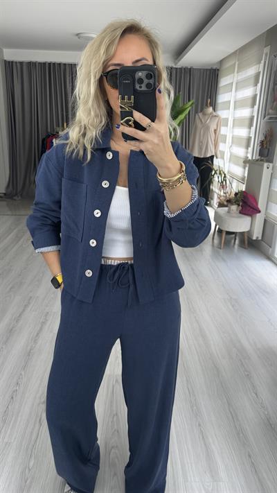 LACİVERT PALAZZO PANTOLON CEKET  TENCEL KETEN TAKIM