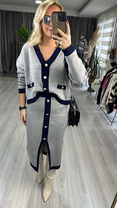 LACİVERT ŞERİTLİ, ETEĞİ YIRTMAÇ DETAYLI, GRİ TAKIM