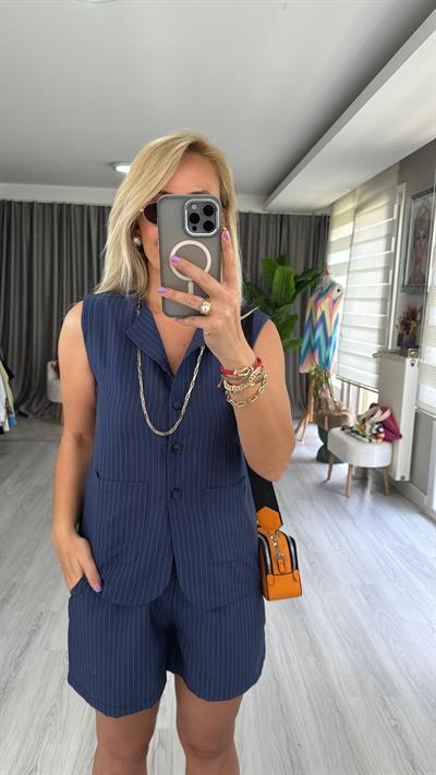 LACİVERT TENCEL KUMAŞ ÇİZGİLİ YELEKLİ TAKIM