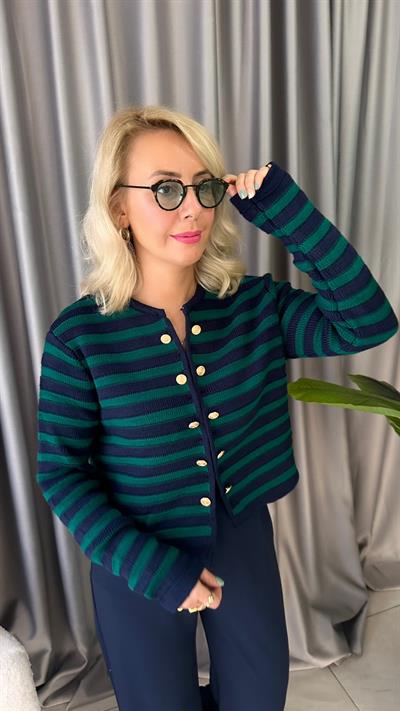 LACİVERT YEŞİL ÇİZGİLİ, GOLD DÜĞMELİ TRİKO