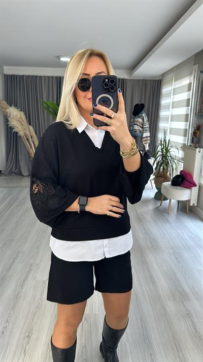 LAZER KESİM, POPLİN DETAYLI, MODAL KUMAŞ SİYAH SWEAT