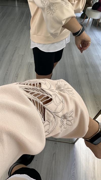 LAZER KESİM, POPLİN DETAYLI, MODAL KUMAŞ BEJ SWEAT