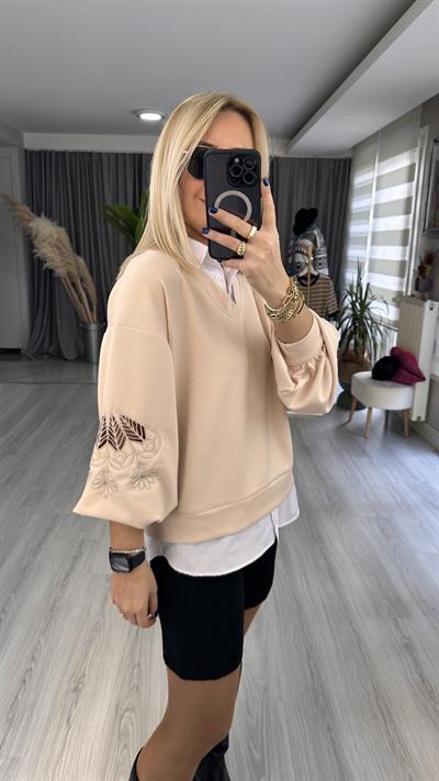 LAZER KESİM, POPLİN DETAYLI, MODAL KUMAŞ BEJ SWEAT