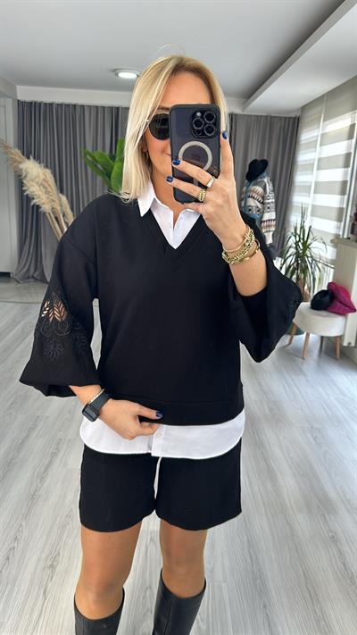 LAZER KESİM, POPLİN DETAYLI, MODAL KUMAŞ SİYAH SWEAT