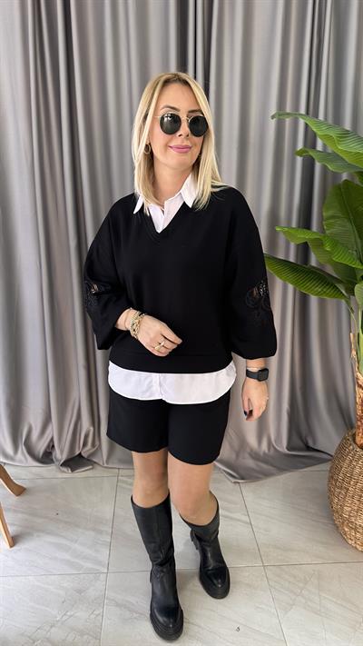 LAZER KESİM, POPLİN DETAYLI, MODAL KUMAŞ SİYAH SWEAT