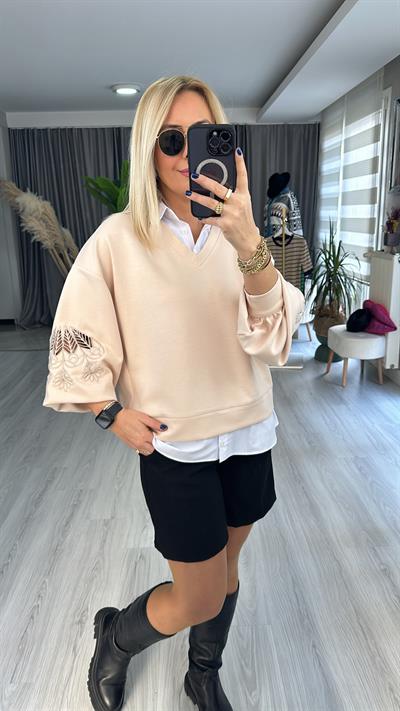 LAZER KESİM, POPLİN DETAYLI, MODAL KUMAŞ BEJ SWEAT