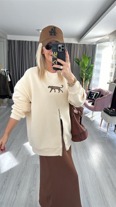 Leopar Baskılı Fermuar Detaylı Bej Sweatshirt