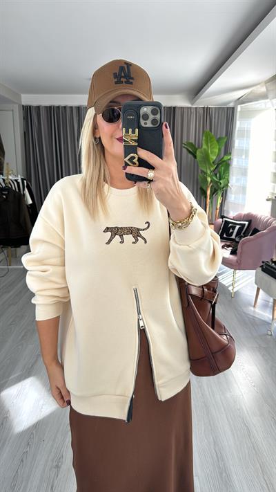 Leopar Baskılı Fermuar Detaylı Bej Sweatshirt
