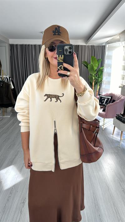Leopar Baskılı Fermuar Detaylı Bej Sweatshirt