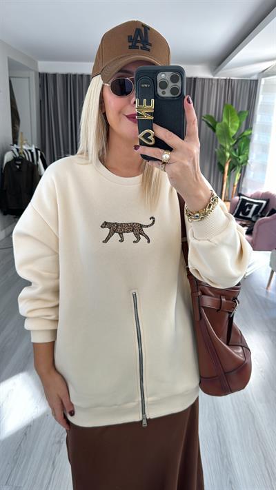 Leopar Baskılı Fermuar Detaylı Bej Sweatshirt