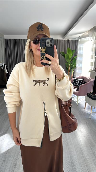Leopar Baskılı Fermuar Detaylı Bej Sweatshirt