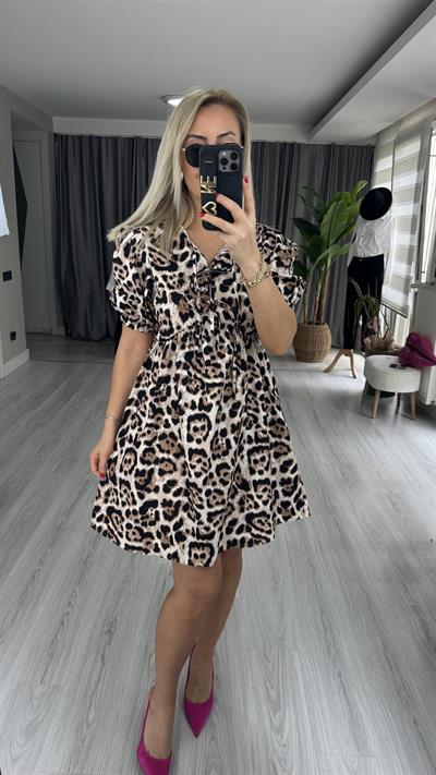 LEOPAR DESEN BAĞLAMA DETAYLI POPLİN ELBİSE