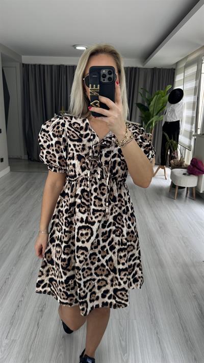 LEOPAR DESEN BAĞLAMA DETAYLI POPLİN ELBİSE