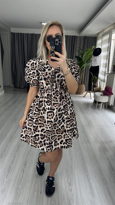 LEOPAR DESEN BAĞLAMA DETAYLI POPLİN ELBİSE