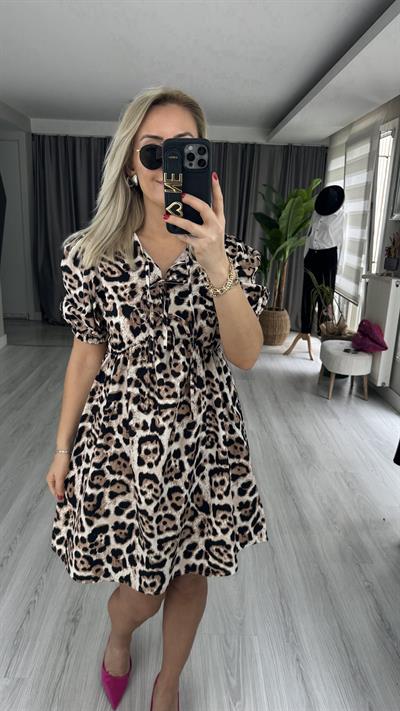 LEOPAR DESEN BAĞLAMA DETAYLI POPLİN ELBİSE