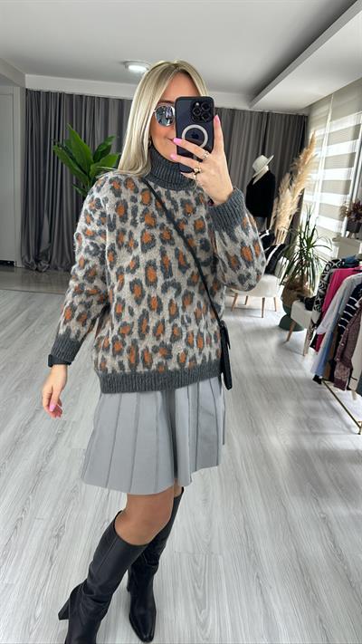LEOPAR DESEN BALIKÇI YAKA TRİKO  VİZON / ANTRASİT
