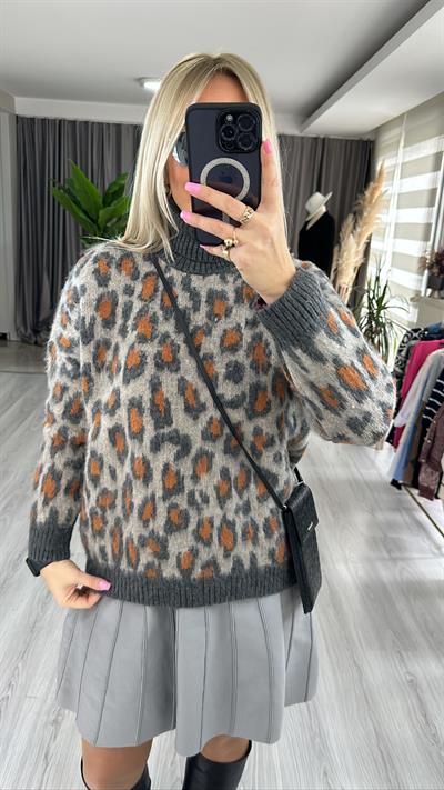 LEOPAR DESEN BALIKÇI YAKA TRİKO  VİZON / ANTRASİT