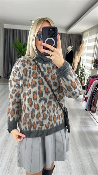 LEOPAR DESEN BALIKÇI YAKA TRİKO  VİZON / ANTRASİT