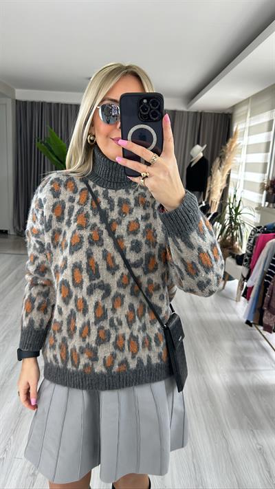 LEOPAR DESEN BALIKÇI YAKA TRİKO  VİZON / ANTRASİT