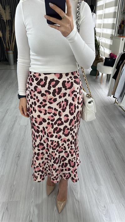 LEOPAR DESEN EKRU PEMBE SATEN ETEK