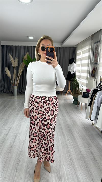 LEOPAR DESEN EKRU PEMBE SATEN ETEK