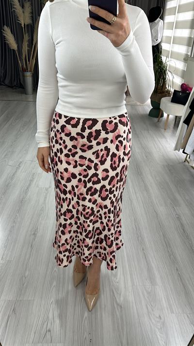 LEOPAR DESEN EKRU PEMBE SATEN ETEK
