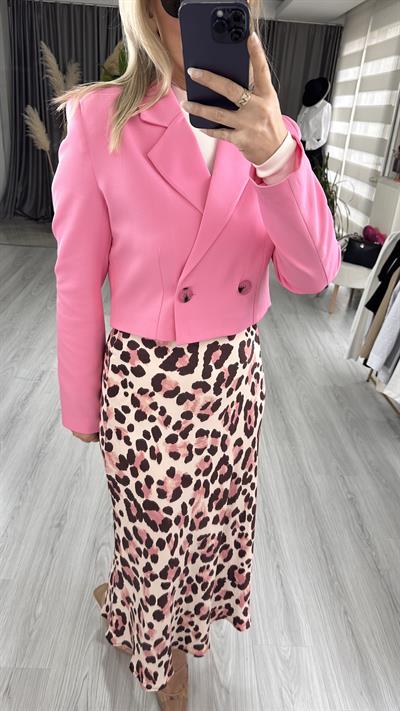 LEOPAR DESEN EKRU PEMBE SATEN ETEK