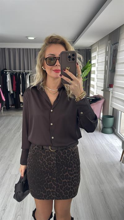 Leopar Desen Gabardin Kumaş Acı Kahve Etek