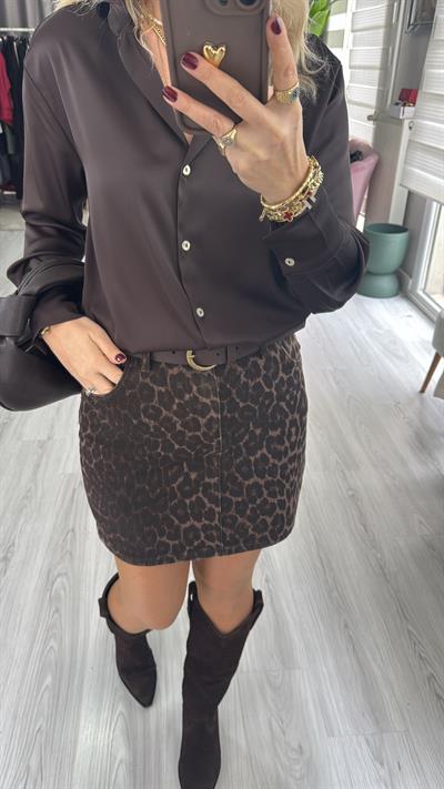 Leopar Desen Gabardin Kumaş Acı Kahve Etek