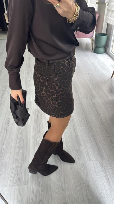 Leopar Desen Gabardin Kumaş Acı Kahve Etek