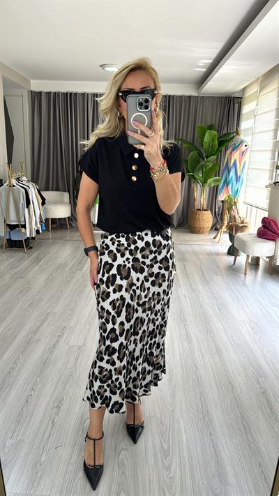 LEOPAR DESEN GRİ SİYAH SATEN ETEK