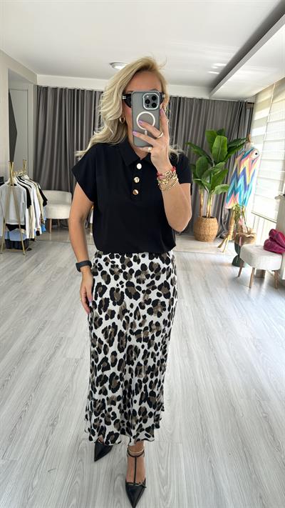 LEOPAR DESEN GRİ SİYAH SATEN ETEK