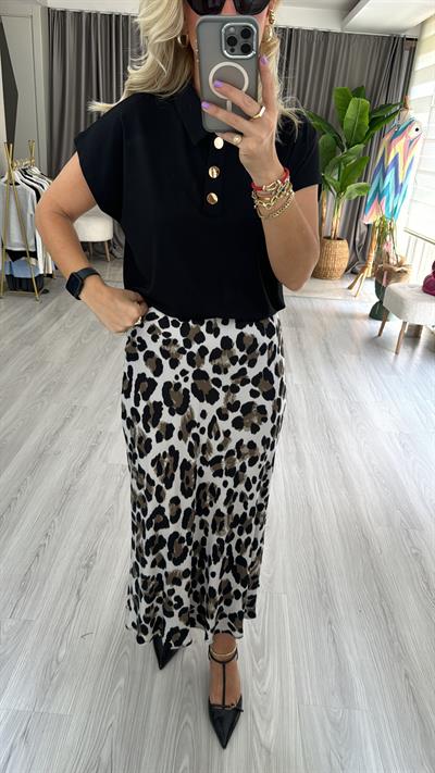 LEOPAR DESEN GRİ SİYAH SATEN ETEK