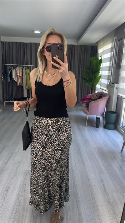 Leopar Desen Saten Etek